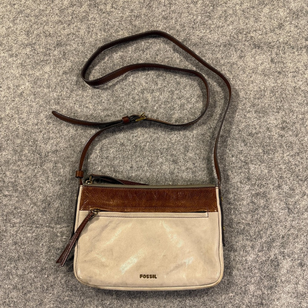 Fossil‎ Leather Crossbody Bag Womens Small Grey Zip Pocket Purse Minimal